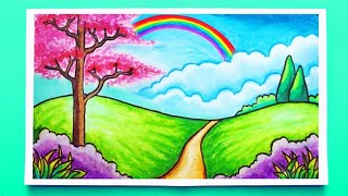 Rainbow Scenery Drawing | Landscape drawing with Mountain and Rainbow - Drawing Class- 12