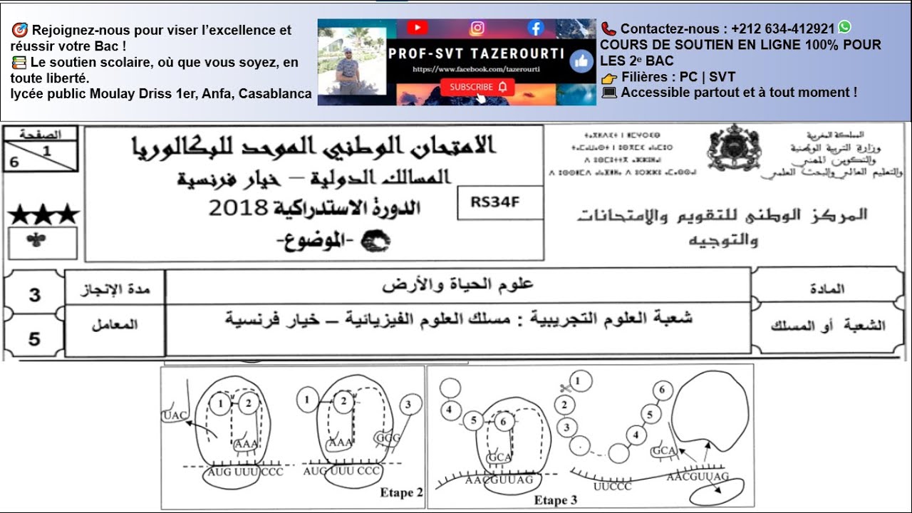 Examen national 2018 PC RATT  (nature et expression de l'information génétique) /SVT/PC