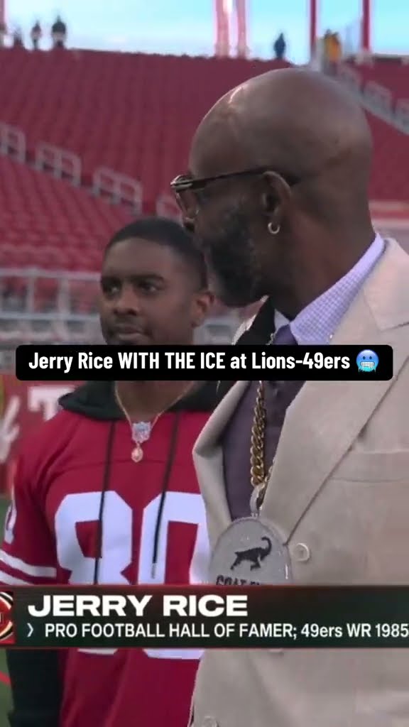 WR Jerry Rice rocking the 'GOAT Fuel' chain at Lions-49ers ?‍?