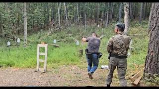Pistol shooting on the move, don't be a standing victim. Moving 15 yards, double tap 5 steels.