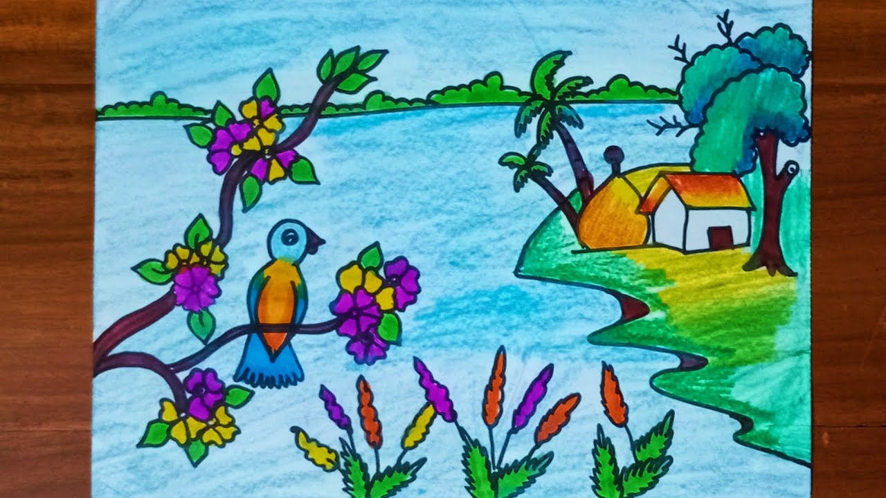 How to draw scenery of spring season step by step //village scenery art ...