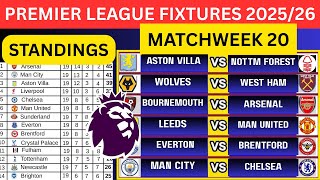 EPL Fixtures Today | Matchweek 20 Premier League Table & Standings 2025/26