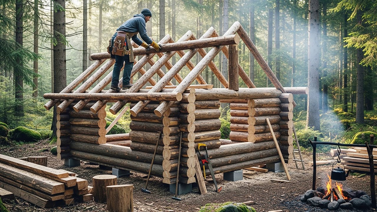 Building a Log Cabin Roof Alone in the Deep Forest Off Grid Survival ...