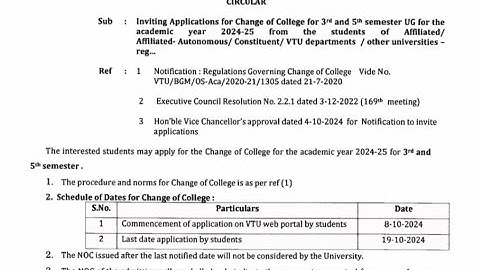 VTU CIRCULAR FOR CHANGE OF COLLEGE AND BRANCH