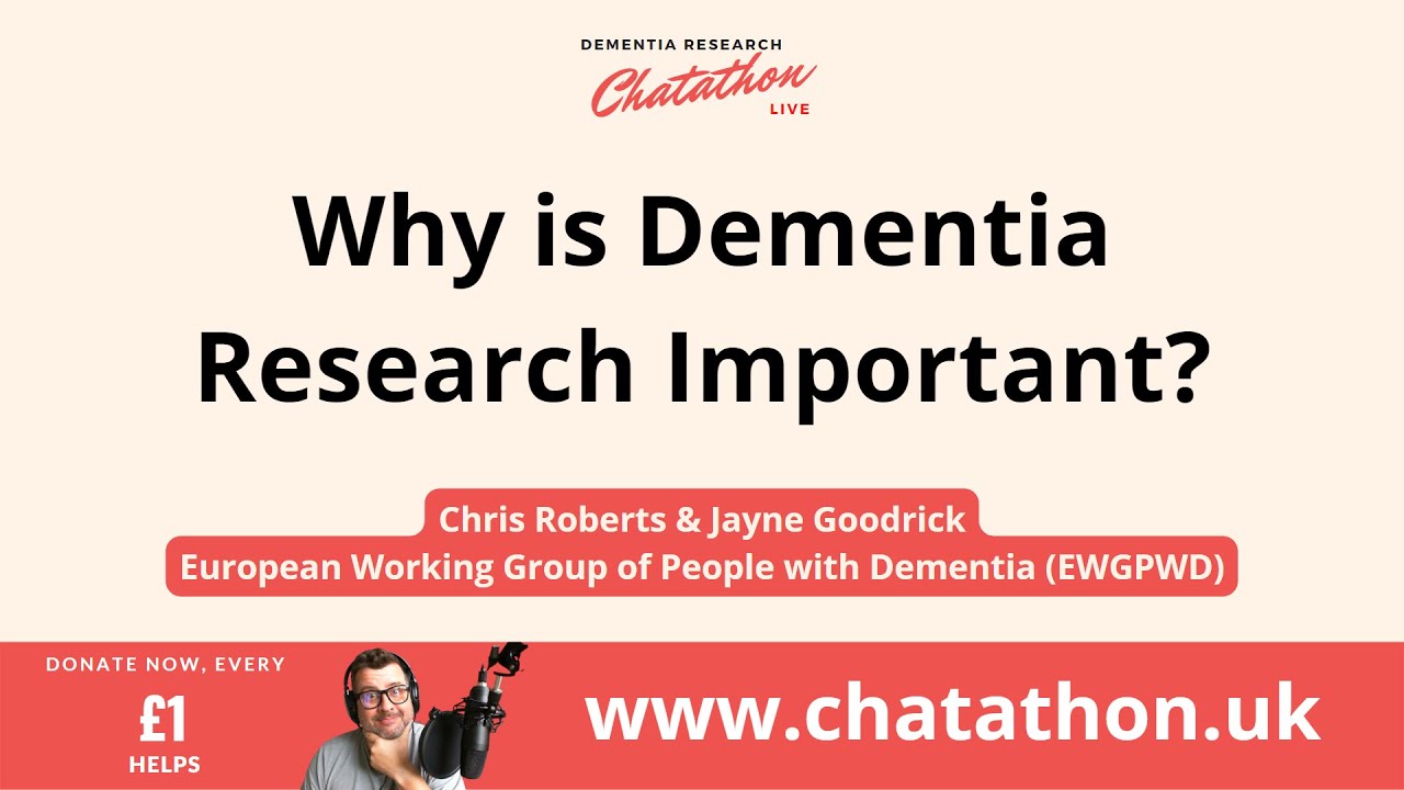 Recorded at the Dementia Research Charity #Chatathon 2022 - Adam  Smith interviews Chris Roberts & Jayne Goodrick.

Chris Roberts and Jayne Goodrick are from Wales. Chris was diagnosed with mixed dementia in early 2012 but has not let this diagnosis get in the way of leading a full life.

He and his amazing wife Jayne, spend most of their time promoting and providing education to others about dementia. Chris regularly give talks on what it’s like to live with dementia and how research plays an important role in unlocking new treatments and better care, supported by Jayne who provides unique insights as someone living with the disease in a different way. Together they believe in dementia rights, inclusion, co-production and the promotion of better services for everyone living with dementia.

Chris is an Ambassador for the UK Alzheimer’s Society, Join Dementia Research Champion, Affiliate member of Dementia Action Alliance UK, Honorary Lecturer, Bangor University, Wales and a Member of the NICE Dementia Clinical Guideline Review Committee.

--

The 2022 Dementia Research Charity Chatathon LIVE was held on Friday 2nd December - A non-stop 12.5 hours livestream hosted by Adam Smith interviewing 68 Dementia Researchers and Special Guests working across all areas of discovery to beat Alzheimer's disease and all forms of dementia. 

Raising money for research and providing insights into the latest research taking place across the UK and Worldwide. This year we are raising money for four amazing charities who all fund research - Alzheimer's Research UK, Alzheimer's Society, Race Against Dementia and The Lewy Body Society.

For more information and to donate visit http://www.chatathon.uk

-~-~~-~~~-~~-~-
Learn more about the new drugs coming to treat Alzheimer's Disea with this video podcast - "A Closer Look at Lecanemab, Donanemab and Amyloid" 
https://www.youtube.com/watch?v=Kl8rzDSIwxM
-~-~~-~~~-~~-~-