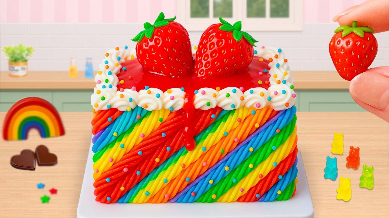 Pastel Arcoíris de Fresa 🍓🌈 con Fondant Suave y Decoración Satisfactoria | Mini Cake Rainbow