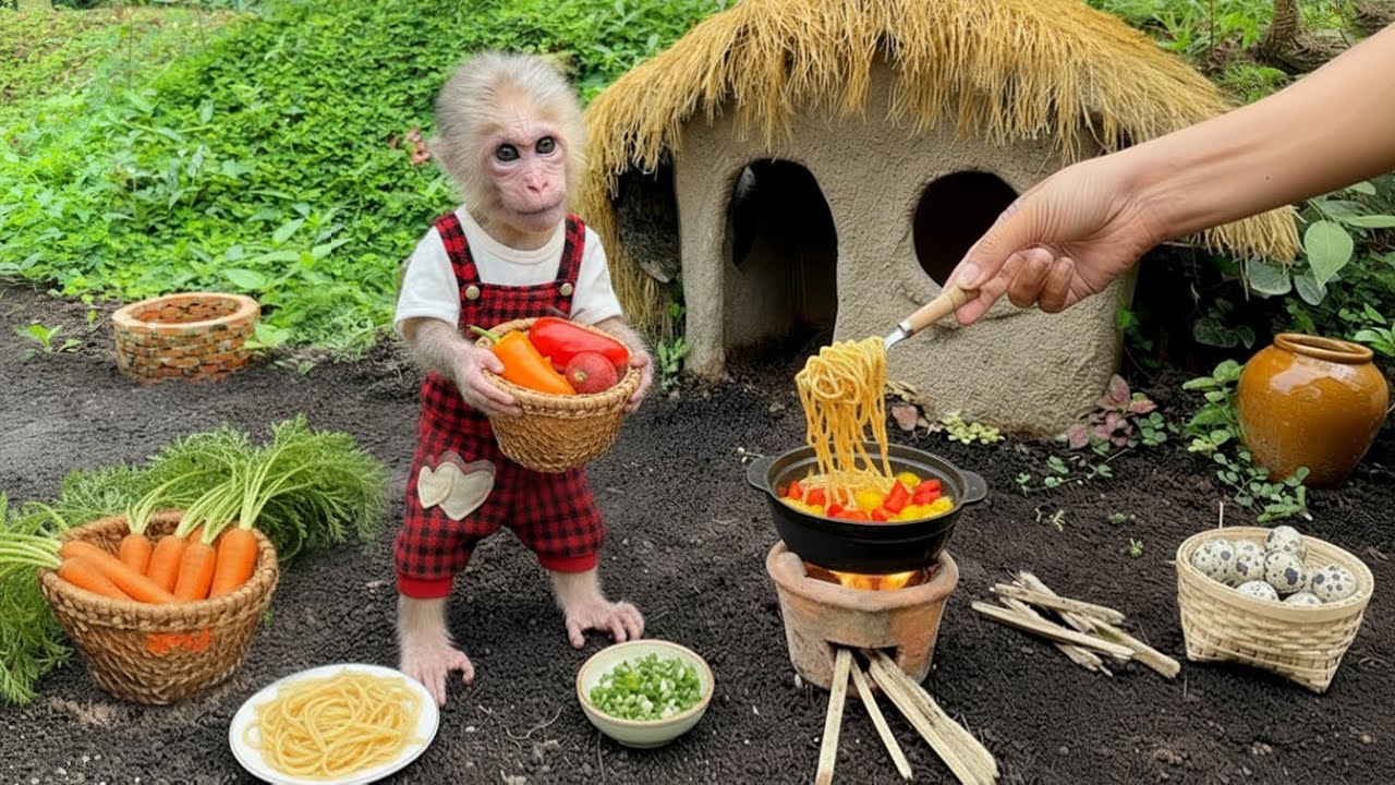 Baby Monkey Xuka harvests bell pepper on the farm and cooks Spaghetti for breakfast