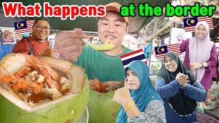 Trying Tom Yum in Giant Coconut at Malaysia and Thailand Border Market! Malaysia Food Tour