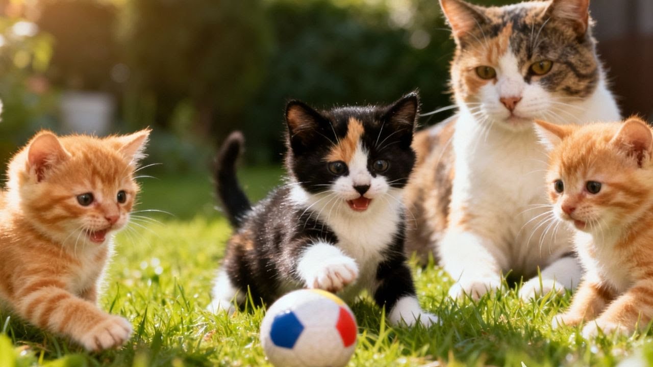 Cute Kittens Playing with Their Mother on Green Grass | Natural Cat Sounds