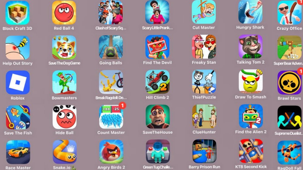 Roblox, Brawl Stars, Angry Birds 2, Hill Climb 2, Talking Tom 2, Hungry Shark, Red Ball 4