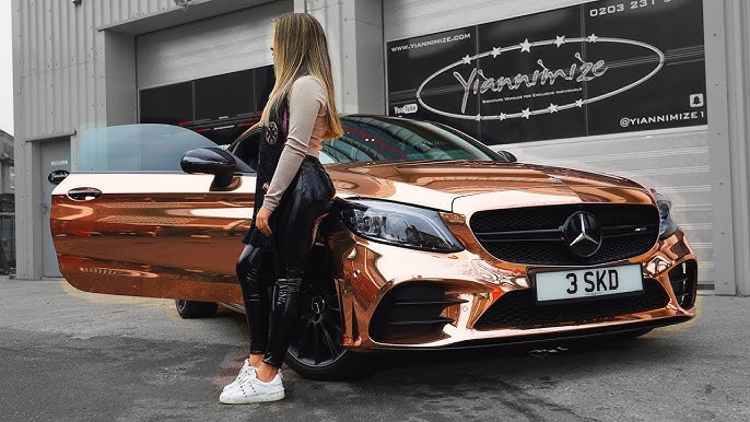 White Mercedes C63S AMG wrapped Chrome Gold 