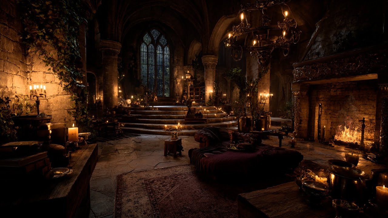 When Nightfall Hits the Old Fortress – Rain, Distant Thunder & Warm Firelight for Restful Sleep