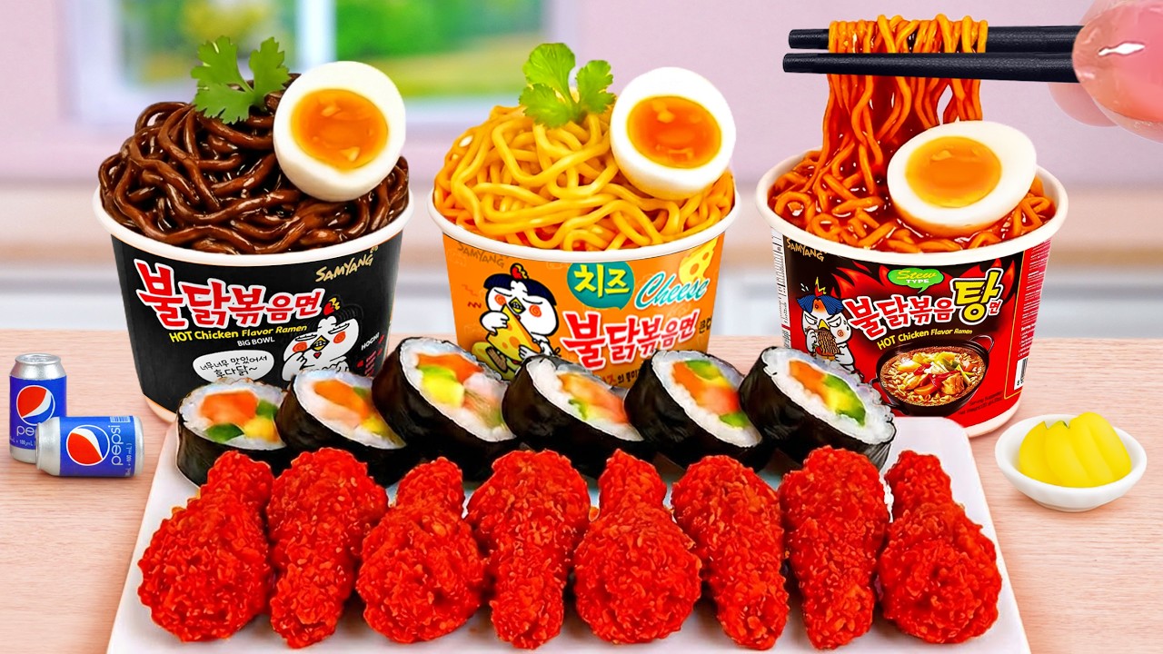 Mini Lotteria Store 🍜 How to Make Buldak Noodles and Lotteria Chicken Thigh 🍗 Tina Mini Cooking