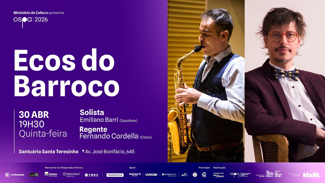 A OSPA leva ao Santu&aacute;rio Santa Teresinha obras de Johann Sebastian Bach, Antonio Vivaldi e Andr&eacute; Mehmari. Sob a reg&ecirc;ncia de Fernando Cordella, que tamb&eacute;m toca cravo, a Orquestra interpreta a a &ldquo;Su&iacute;te N&ordm; 3 em R&eacute; Maior, BWV 1068&rdquo;, de Bach, seguida pelo &ldquo;Concerto para cordas em Sol menor, RV 157&rdquo;, de Vivaldi. A seguir, acompanha o saxofonista solista Emiliano Barri em &ldquo;Un concierto Latinoamericano&rdquo;, m&uacute;sica composta por Mehmari que prop&otilde;e um di&aacute;logo entre refer&ecirc;ncias brasileiras e de outros pa&iacute;ses latinos.

Saiba mais sobre o concerto: 
https://ospa.rs.gov.br/ospa-apresenta-obras-de-bach-vivaldi-e-mehmari-no-santuario-santa-teresinha-30-4

Confira a programa&ccedil;&atilde;o da Temporada OSPA 2026 em ospa.rs.gov.br/agenda 

Programa: 0:00 - 3:55

Johann Sebastian Bach | Su&iacute;te N&ordm; 3 em R&eacute; Maior, BWV 1068                                                     
&middot;      Overture 3:55 - 10:47
&middot;      Air 10:47 - 14:15
&middot;      Gavotte I & II 14:15 - 17:35
&middot;      Bourr&eacute;e 17:35 - 18:50
&middot;      Gigue 18:50 - 

Antonio Vivaldi | Concerto para cordas em sol menor, RV 157 22:34 - 27:04
&middot;      Allegro 27:04 - 31:36
&middot;      Largo 30:12 - 31:36
&middot;      Allegro 31:36 - 34:21
 
Andr&eacute; Mehmari | Un concierto Latinoamericano
&middot;      Zamba 34:21 - 42:29
&middot;      Choro - Milonga 42:29 - 45:24
&middot;      Vals 45:24 - 50:49
&middot;      Quasi una Chacarera 50:49 - 58:07

Apresenta&ccedil;&atilde;o: Orquestra Sinf&ocirc;nica de Porto Alegre
Solista: Emiliano Barri (saxofone)
Regente: Fernando Cordella (cravo)
Diretor art&iacute;stico: Manfredo Schmiedt