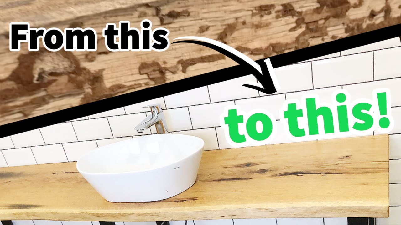 Live edge bathroom vanity from an old oak slab