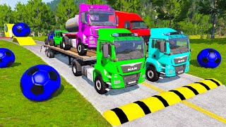 Double Flatbed Trailer Truck vs Speedbumps Train vs Cars | Tractor vs Train Beamng.Drive 0202