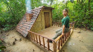 Crafting Complete Bushcraft Survival Shelter With Wooden &amp; Plastic roof , Clay Fireplace