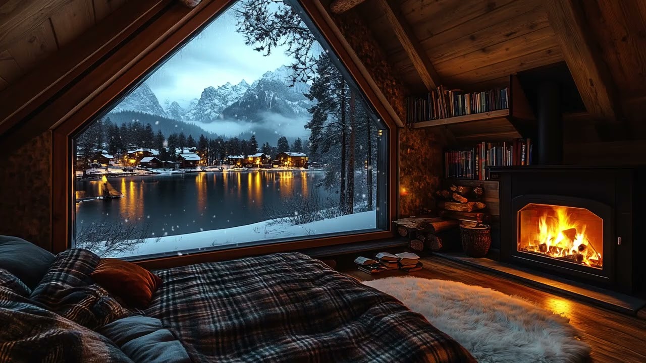 Snowfall Outside the Cabin ❄️ Soft Fireplace Crackles for Calm Mind and Deep Restful Sleep