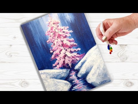 Cotton Swab Painting Technique Pink Christmas Tree  EASY Acrylic tutorial