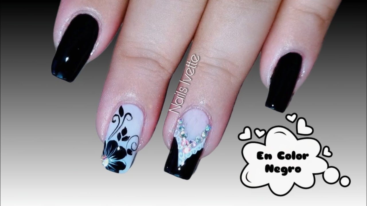Decoración de uñas en color negro / Uñas decoradas con cristales / Diseño  de uñas flor tono negro - YouTube