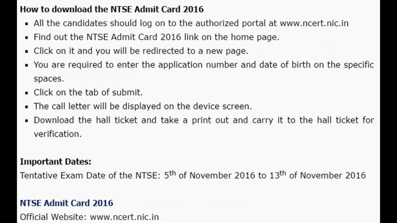 NTSE Admit Card 2016-17 Exam Schedule |  Available at the NCERT official site  | RedPearl