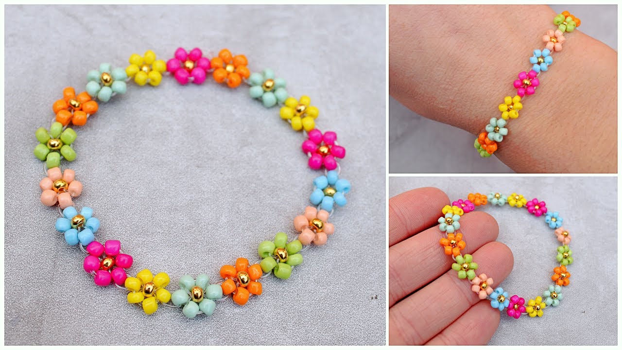PULSERA de FLORES con mostacilla/chaquiras elástica TUTORIAL paso a paso