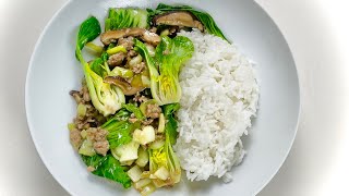 Recipe for the BEST rice bowl with sausage, mushrooms and leafy greens