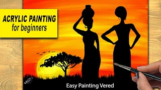 African Sunset Acrylic Painting | Easy Painting for beginners | Landscape Painting | Silhouette