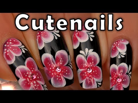 Red & white Asian flowers one stroke nail art tutorial - YouTube