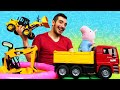 Excavadoras CAT y camiones de George. Coches de juguete. Vídeos para niños pequeños