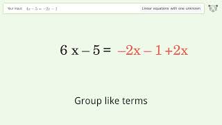 Linear equation with one unknown: Solve 4x-5=-2x-1 step-by-step solution