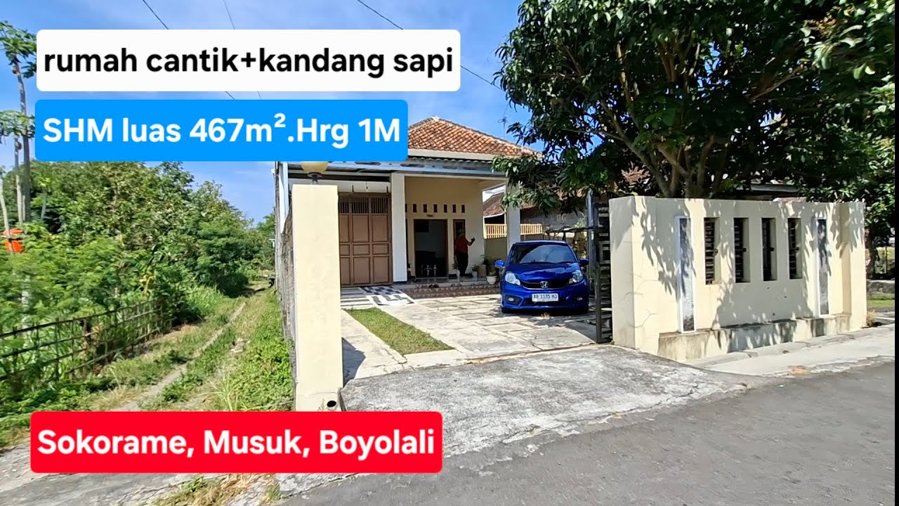 Dijual rumah cantik + kandang sapi SHM luas 467m².Hrg 1M.Lokasi Sokorame, Musuk, Boyolali