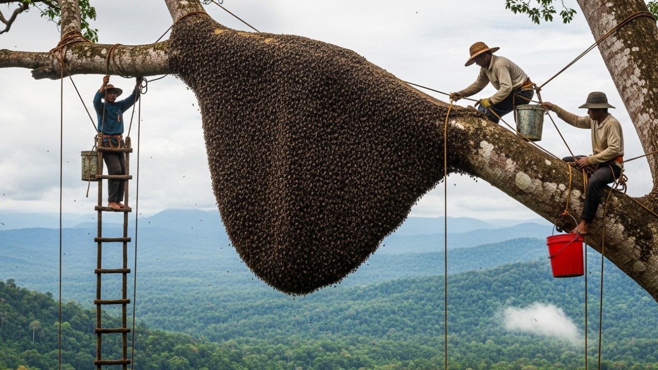 extreme wild honey hunt harvesting 2 honeycombs from a... Extreme Wild Honey Harvest on a 800-Meter Tree - YouTube