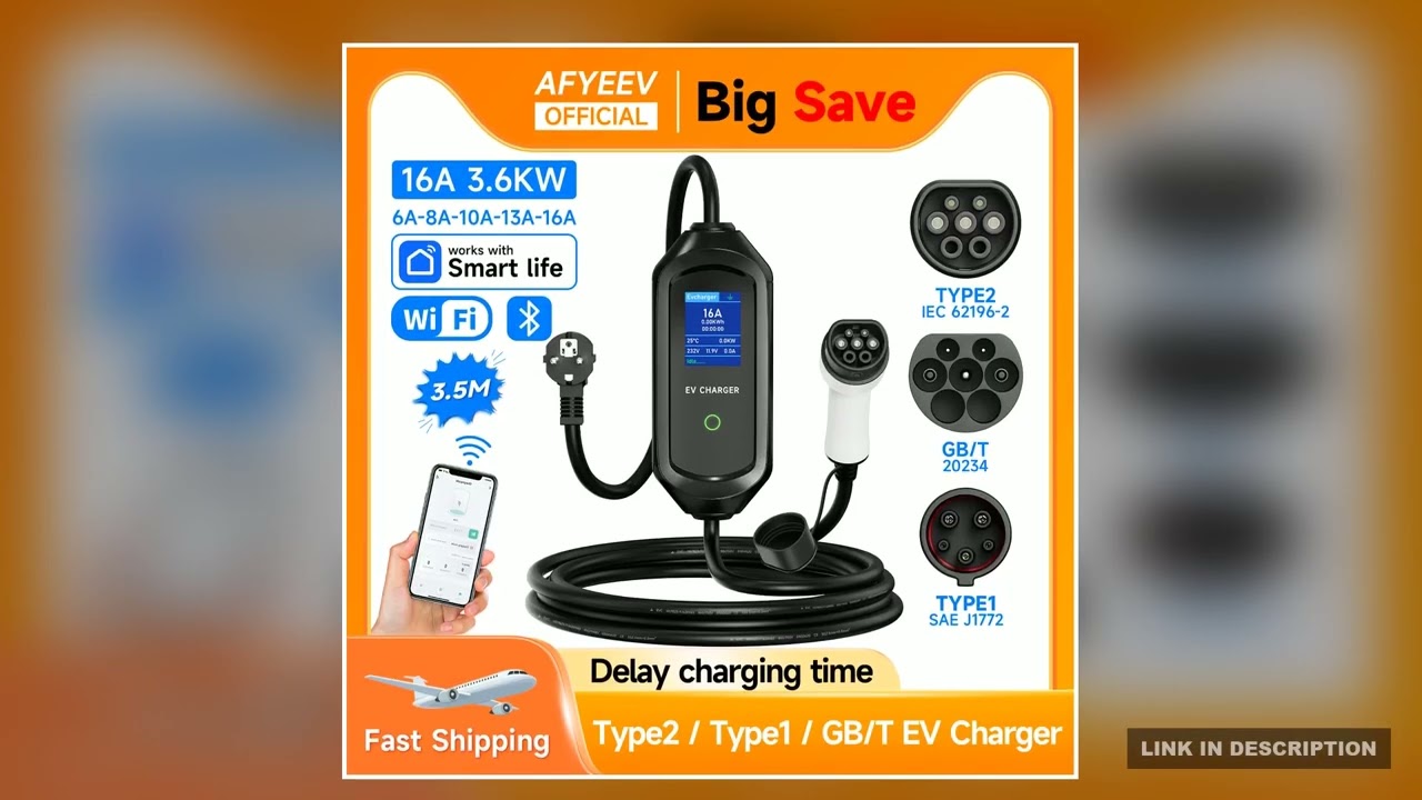 AFYEEV 3600W Portable Type2 IEC621962 EV Charger Type1 SAE J1772 Electric Car Charger GBT EVSE