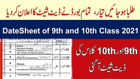 10th Class Date Sheet 2021 | 9th Class Date Sheet 2021 | Matric Exams Date Sheet 2021