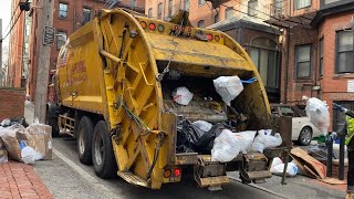 Garbage Truck Crushing Trash in Tight Boston Alleyways