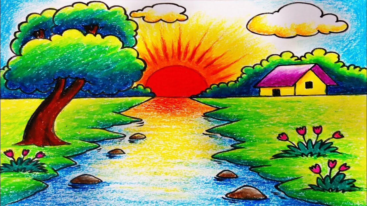 Easy Scenery Drawing with Oil Pastels / How to Draw Simple Scenery ...