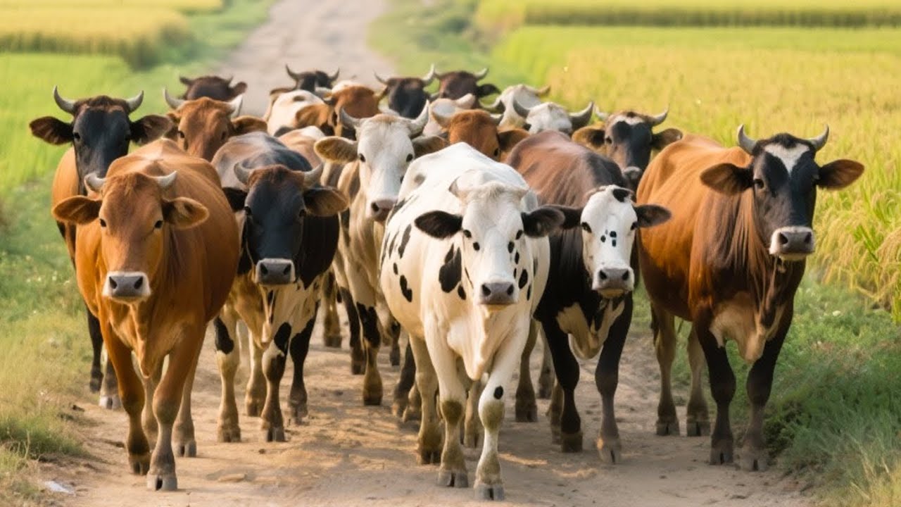 Herd of cows following each other in the middle of the immense golden rice fields - Video about cows