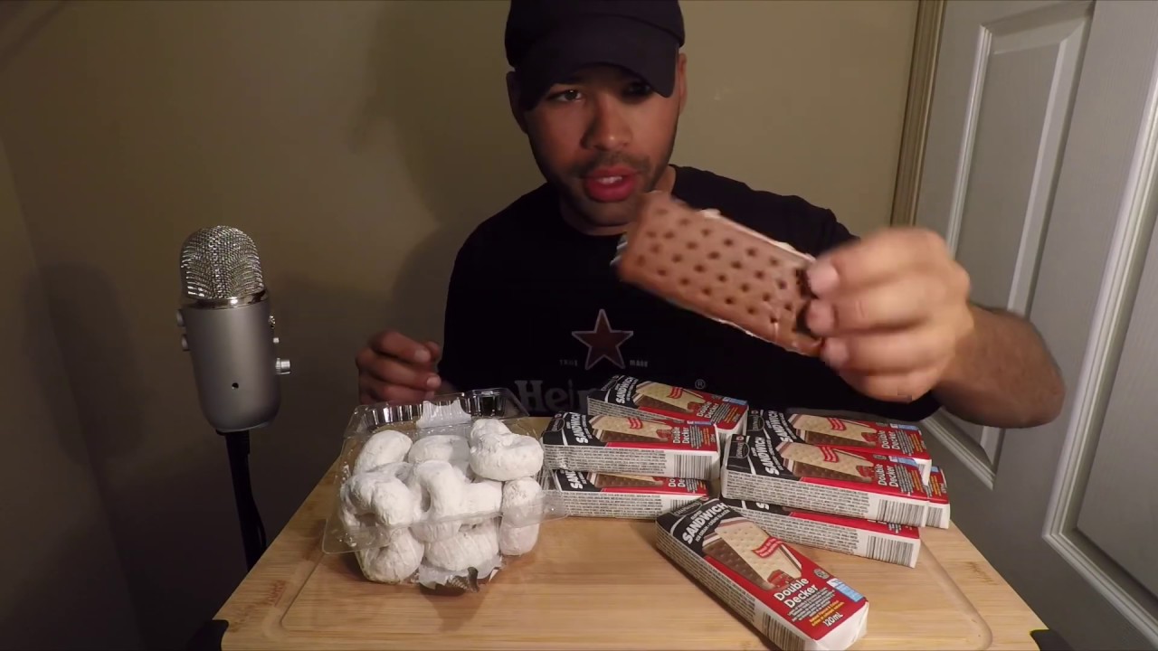 (ASMR) Eating Ice Cream Sandwiches | Mini Powdered Donuts | Whispering | Ramble