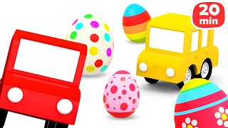 La décoration des œufs avec 4 voitures colorées. Dessin animé d&#39;éveil pour enfants