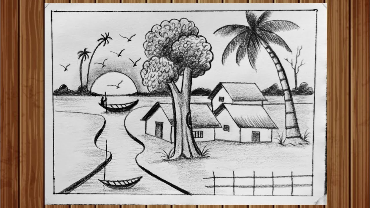 How to draw sunset scenery drawing with pencil / easy drawing step by ...