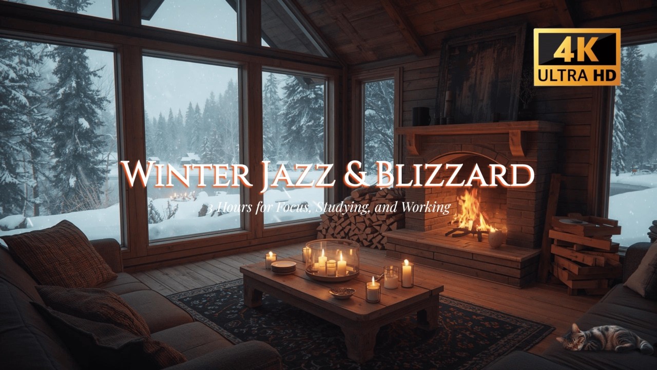 Can't Sleep? Heavy Blizzard & Fireplace Sounds with Relaxing Winter Jazz | 3 Hours Deep Relaxation