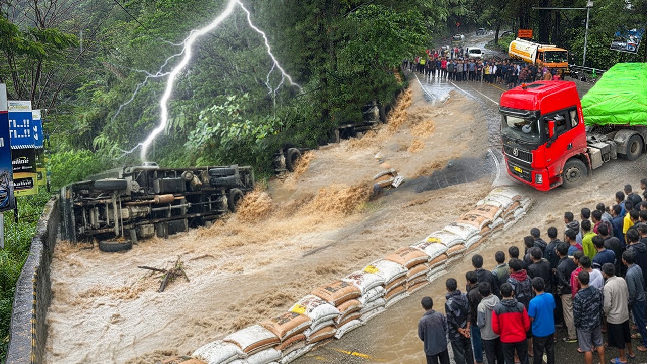 INNALILLAHI !!! CUACA MEMBURUK AIR SELOKAN MELUAP, Truk Terguling Dan Terperosok di Sitinjau Lauik