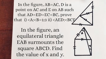 In the figure, an equilateral triangle EAB surmounts the square ABCD. Find the value of x and y.