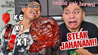 STEAK PAKE 6 CAROLINA REAPER   1 BOTOL BONCABE LV 50   1 BOTOL SAMYANG NUCLEUR! CELLOS TAKUT!!