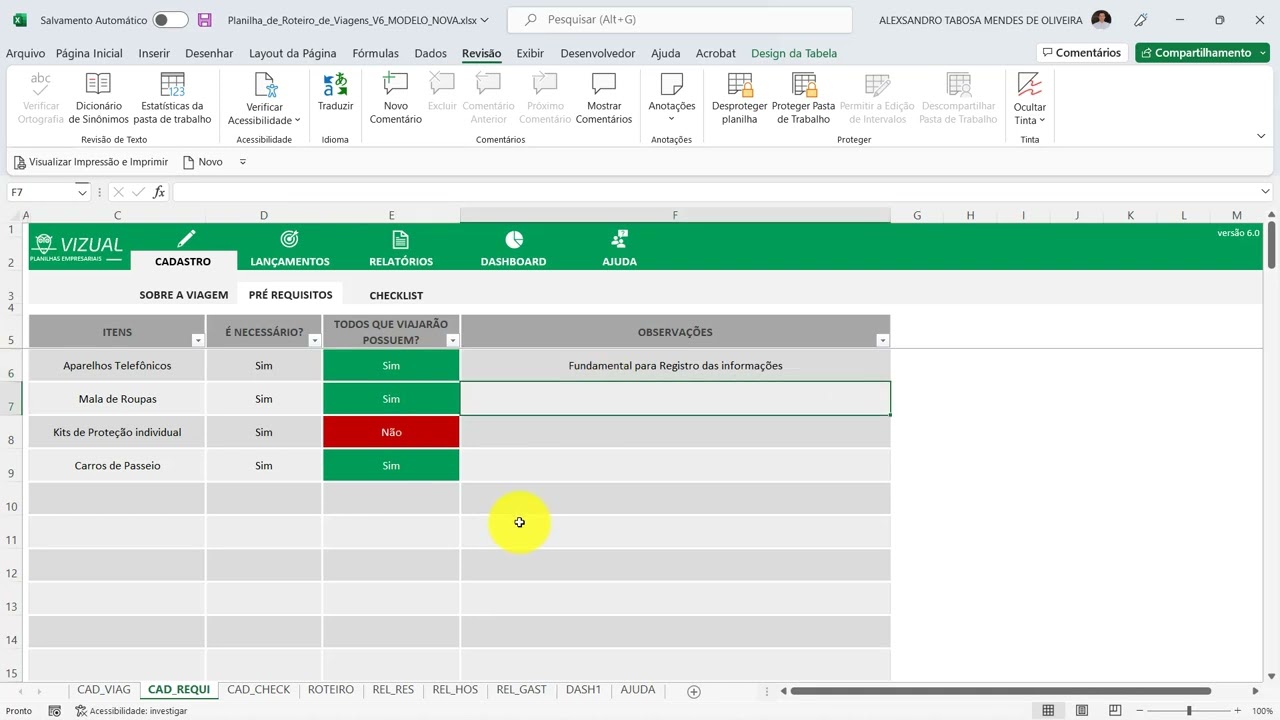 Planilha de Roteiro de Viagens em Excel 6.0