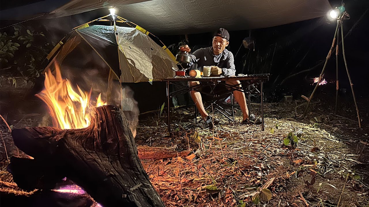 Camping in the forest mountain one day and one night alone grilled the chicken to eat really fresh