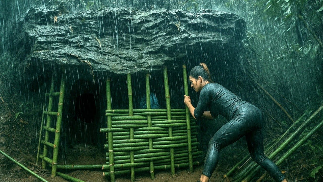 Girl builds shelter in heavy rain - survival alone in the rainforest ...
