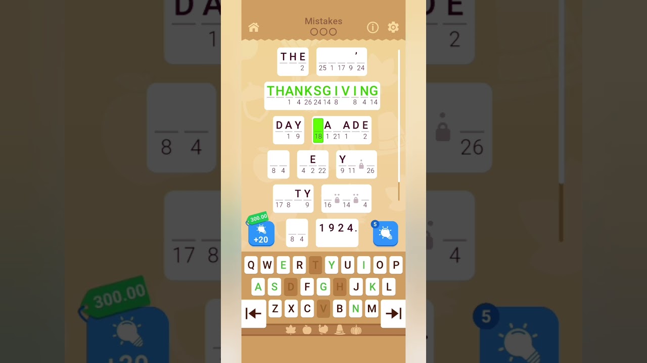 Cryptogram: Word Brain Puzzle | Thanksgiving day | Chapter 2 | Level 2