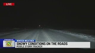 Snowy conditions on the road from the Mobile Storm Tracker